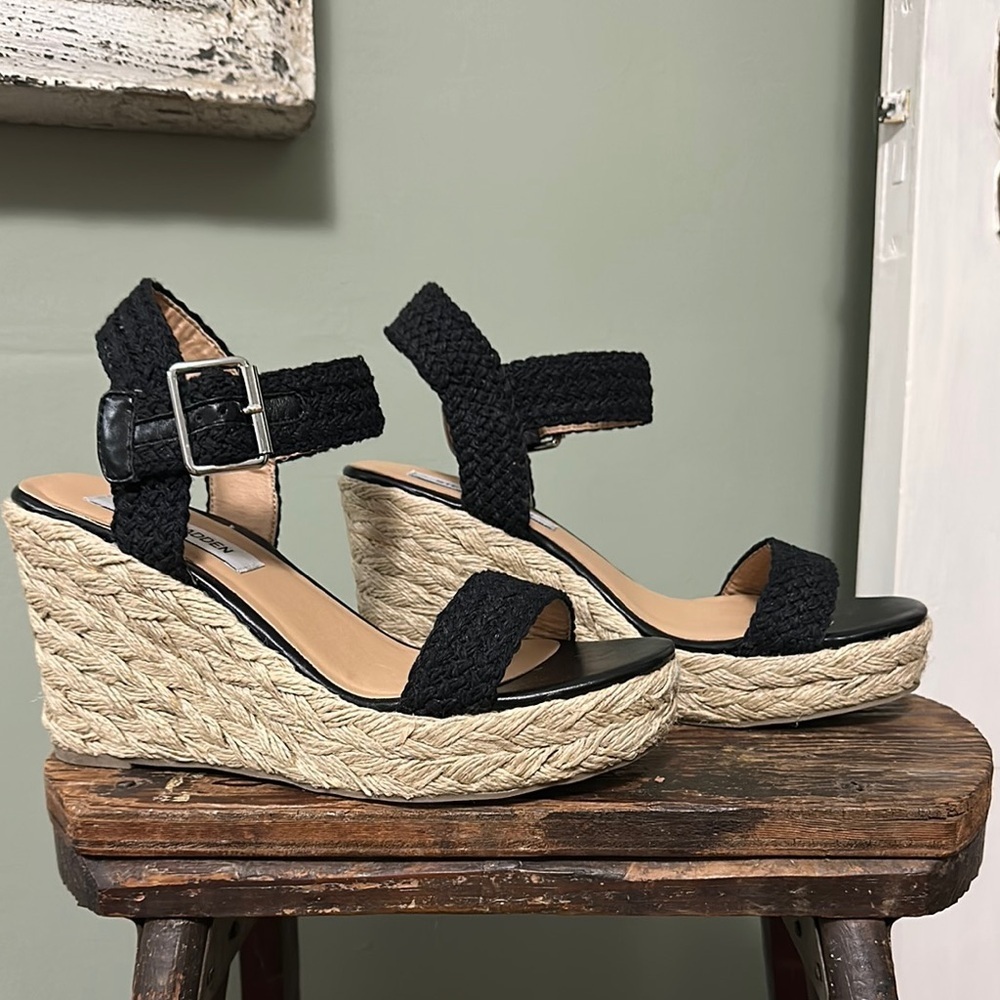 Steve Madden Brussel Black Braided Fabric and Jute Wedge Espadrille Sandals